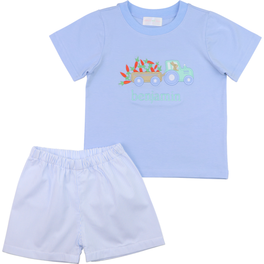 Blue Striped Easter Truck Short Set