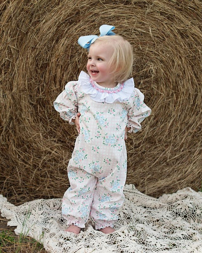 Pink And Blue Smocked Corduroy Floral Long Bubble