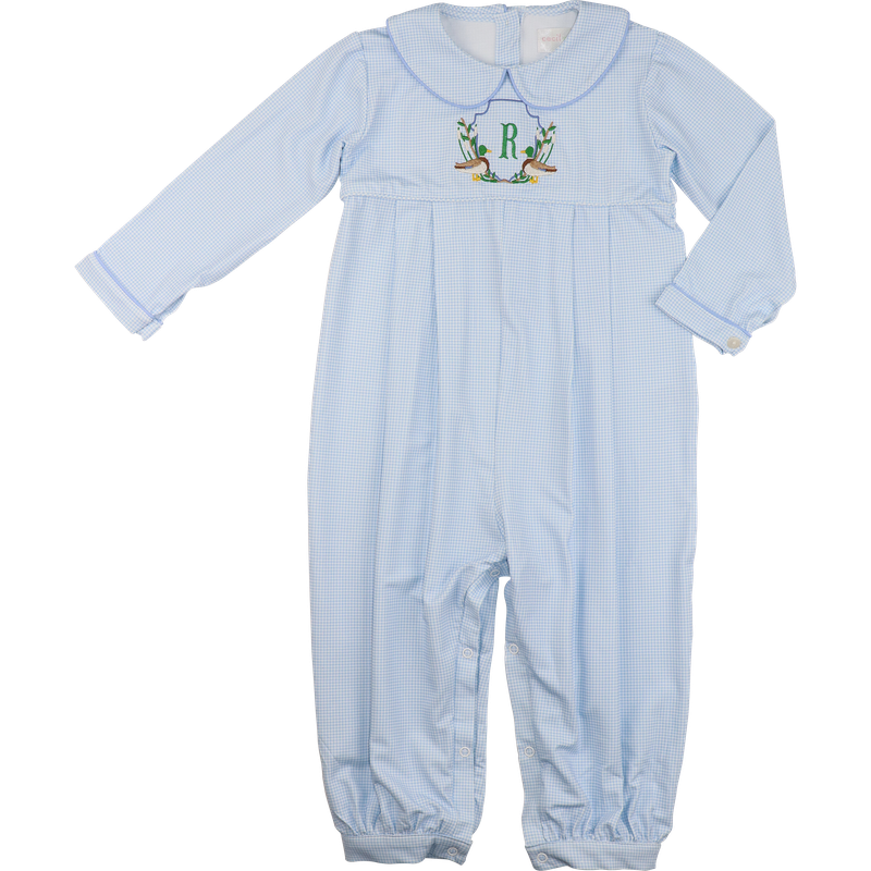 Blue Knit Gingham Embroidered Mallard Long Romper