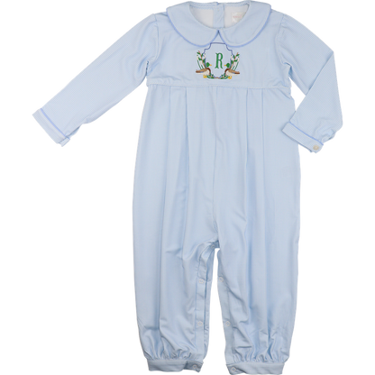 Blue Knit Gingham Embroidered Mallard Long Romper