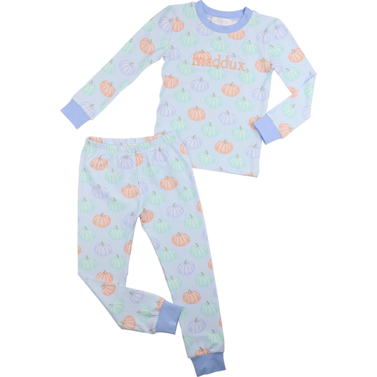 Blue Gingham Pumpkin Print Knit Pajamas