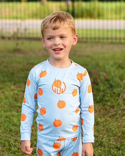 Blue Knit Pumpkin Print Pajamas