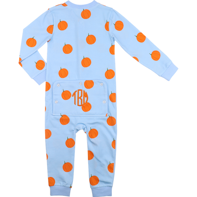 Blue Knit Pumpkin Print Zipper Pajamas