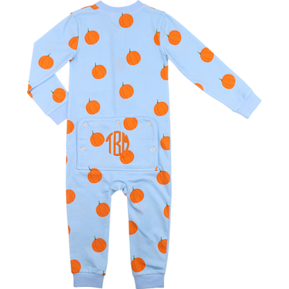 Blue Knit Pumpkin Print Zipper Pajamas