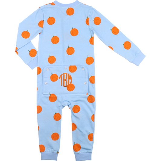 Blue Knit Pumpkin Print Zipper Pajamas