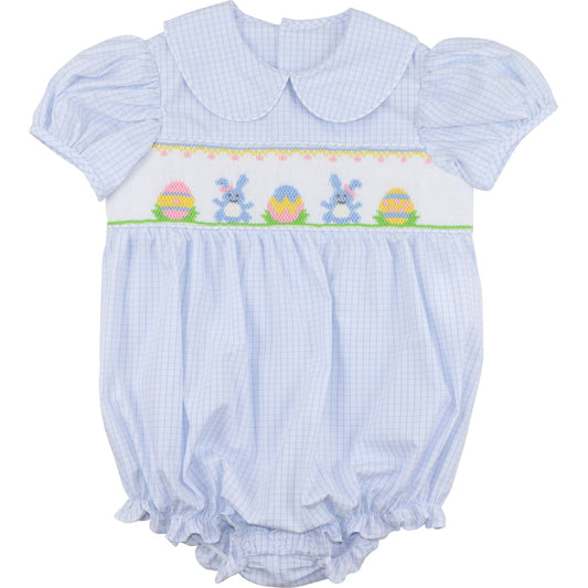 Girl's Blue Windowpane Smocked Bunny And Egg Bubble