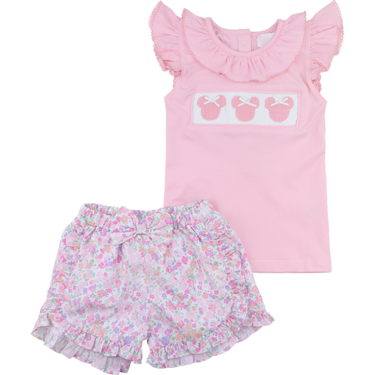 Pink Floral Smocked Mouse Ears Short Set