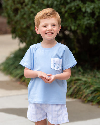 Blue And White Plaid Pocket Short Set