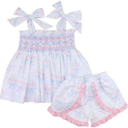 Pink And Blue Smocked Birthday Cake Shoulder Tie Short Set