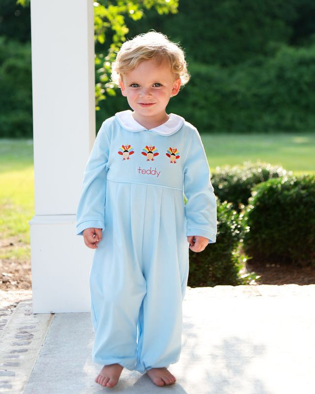 Blue Knit Embroidered Turkey Long Romper