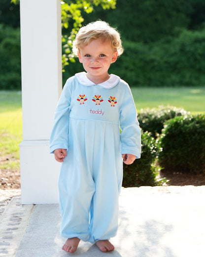 Blue Knit Embroidered Turkey Long Romper