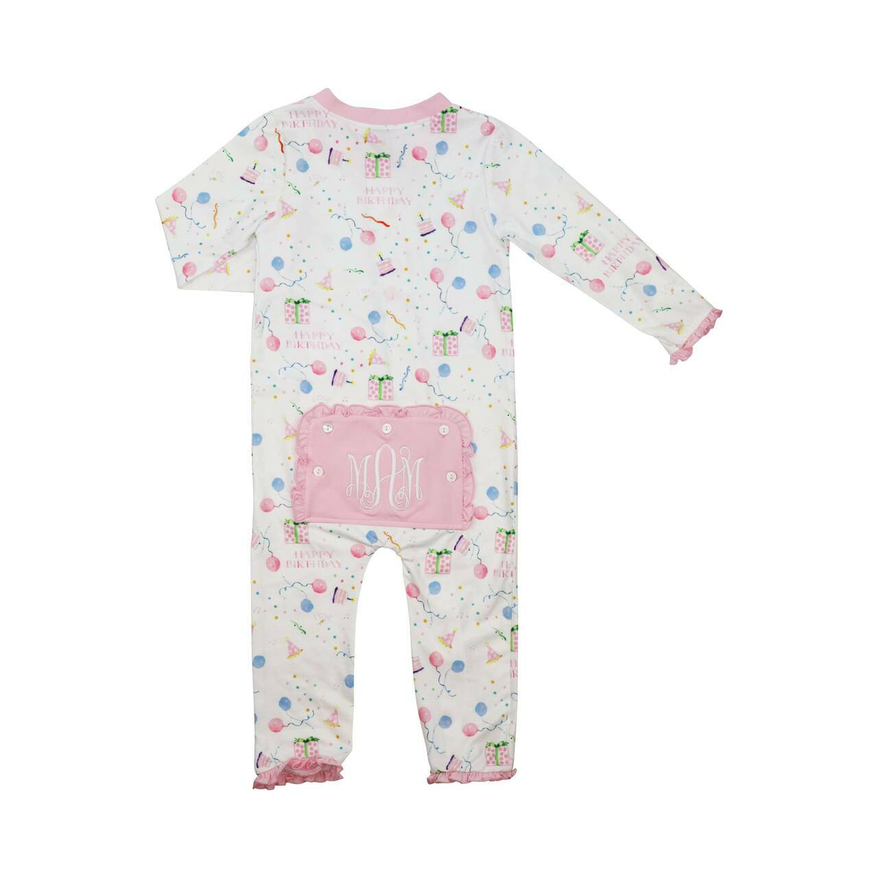 Pink Birthday Print Knit Zipper Pajamas  Monogram - Cecil and Lou