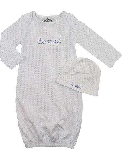 Blue Dot Knit Baby Gown And Beanie