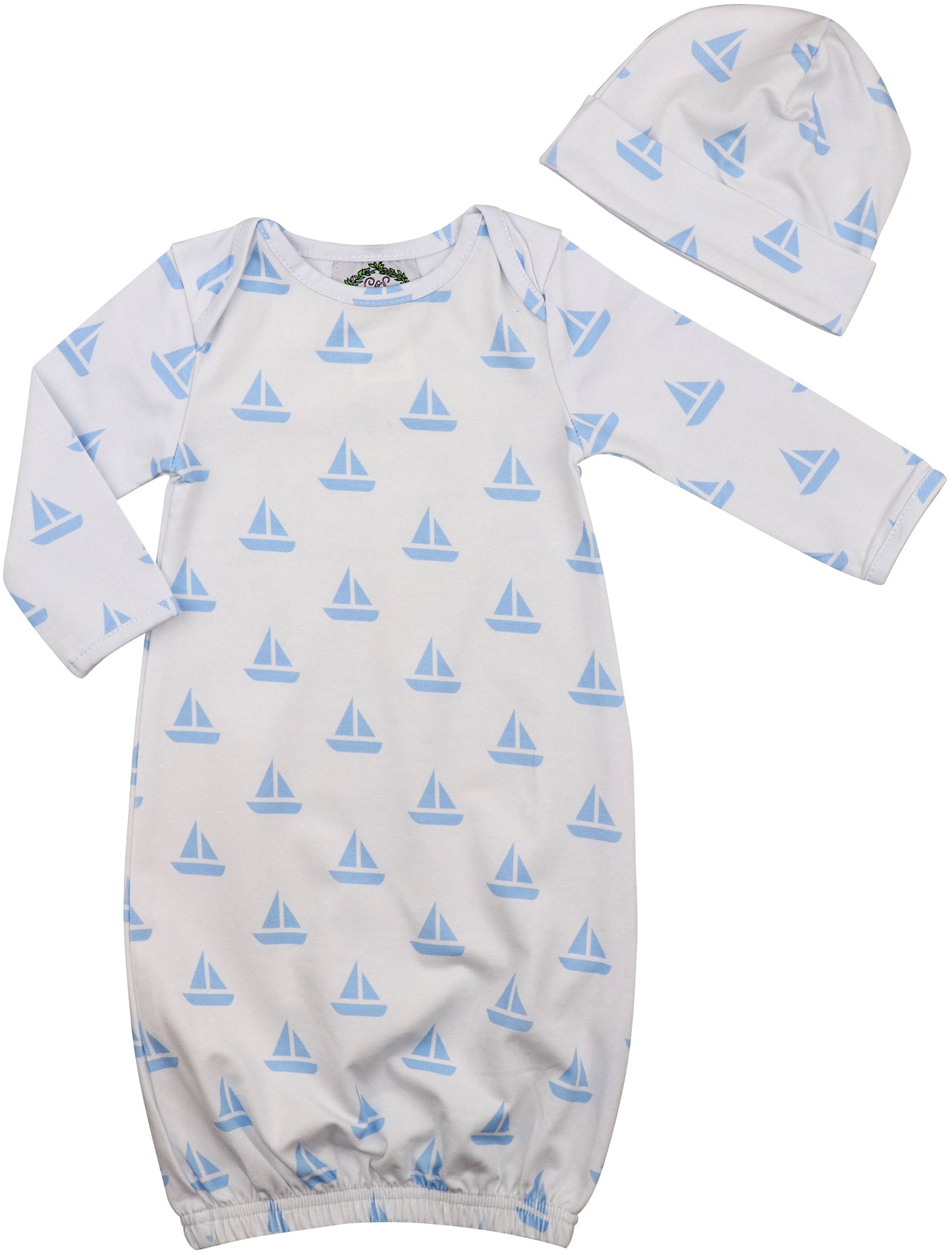 Blue Sailboat Knit Baby Gown And Beanie