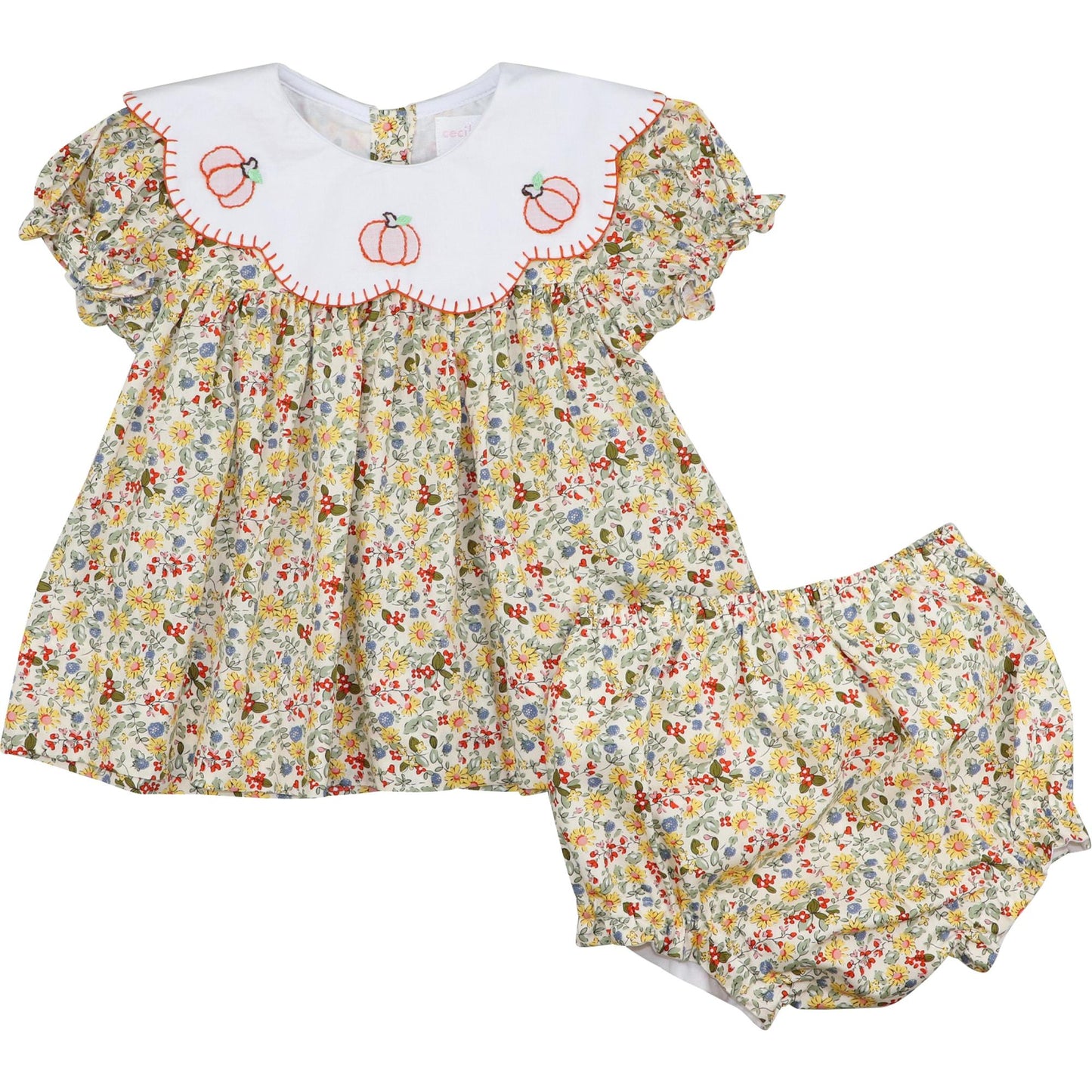 Fall Floral Embroidered Pumpkin Diaper Set