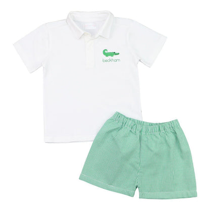 Green Gingham Alligator Polo Short Set