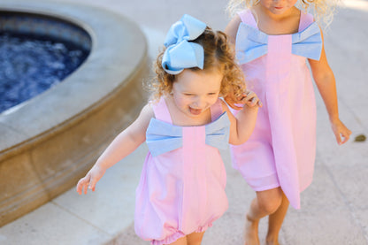 Pink And Blue Seersucker Pleated Bow Dress