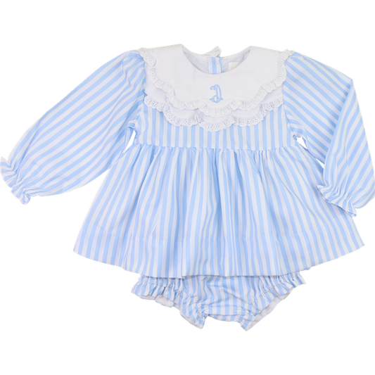 Blue Stripe Scallop Collar Eyelet Diaper Set