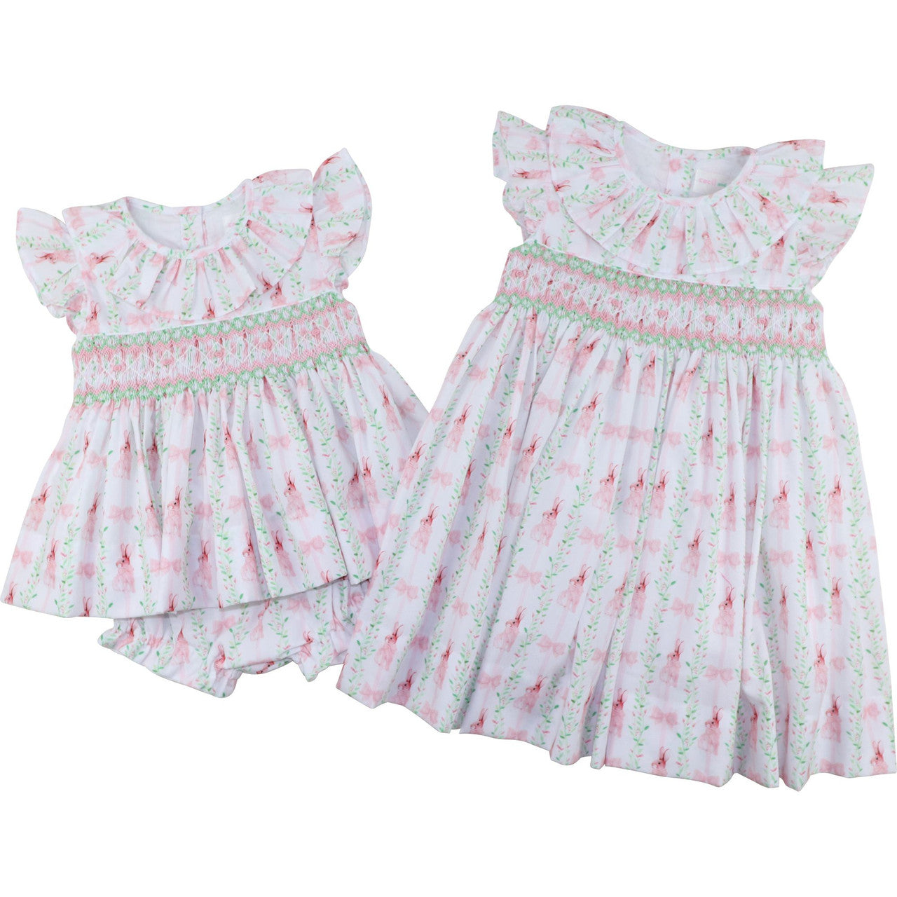 Pink And Green Smocked Bunny And Bow Diaper Set