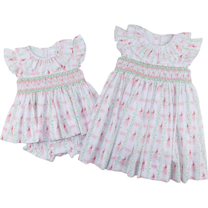 Pink And Green Smocked Bunny And Bow Dress