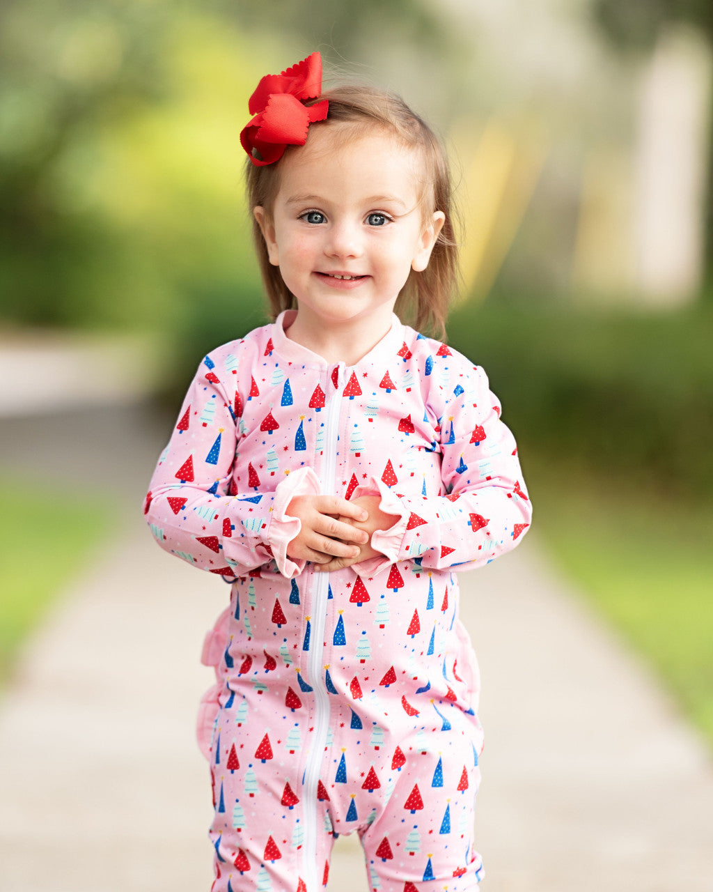 Pink And Red Christmas Tree Knit Zipper Pajamas