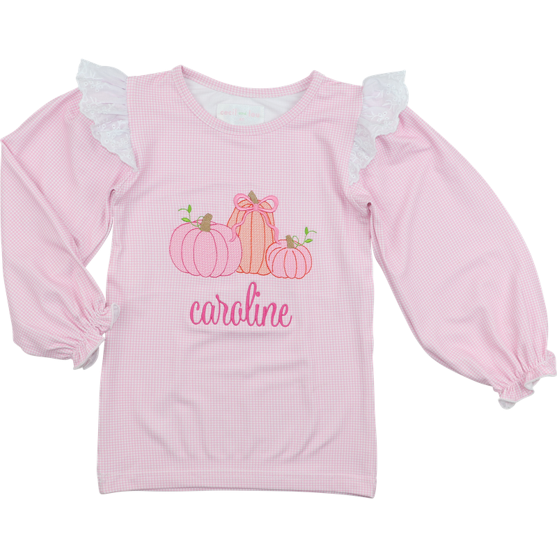 Pink Knit Gingham Embroidered Pumpkin Shirt