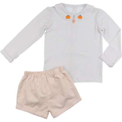 Khaki Knit Embroidered Pumpkin Short Set