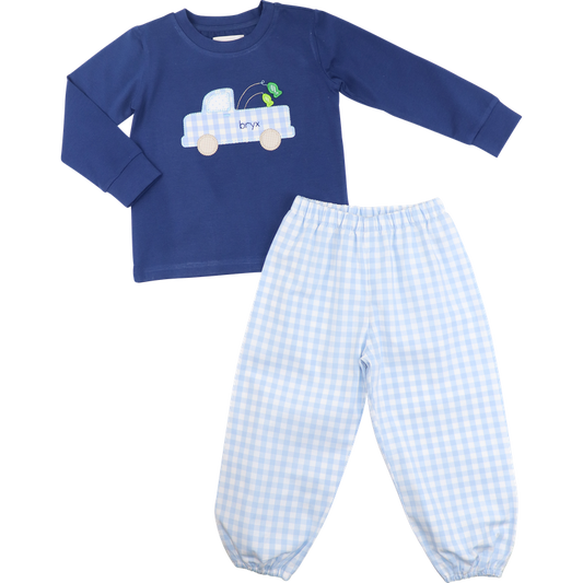 Navy And Blue Check Applique Fishing Truck Pant Set