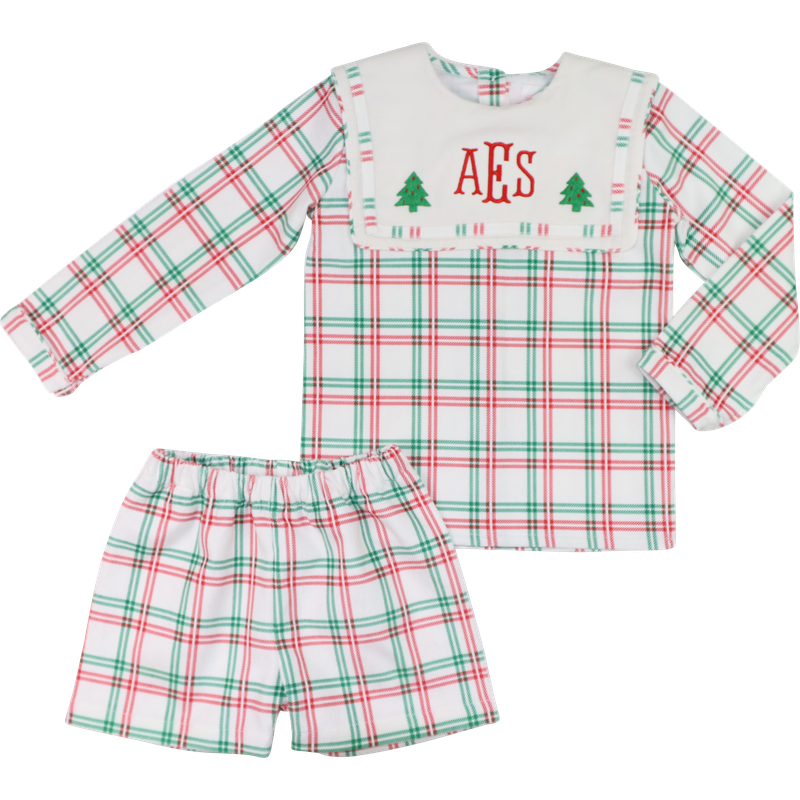 Plaid Embroidered Christmas Tree Short Set