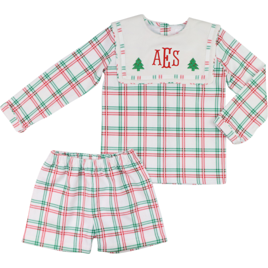 Plaid Embroidered Christmas Tree Short Set