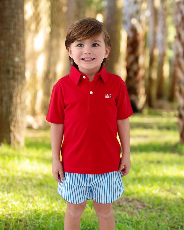 Blue And Red Striped Polo Short Set