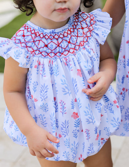 Blue And Red Floral Smocked Bubble