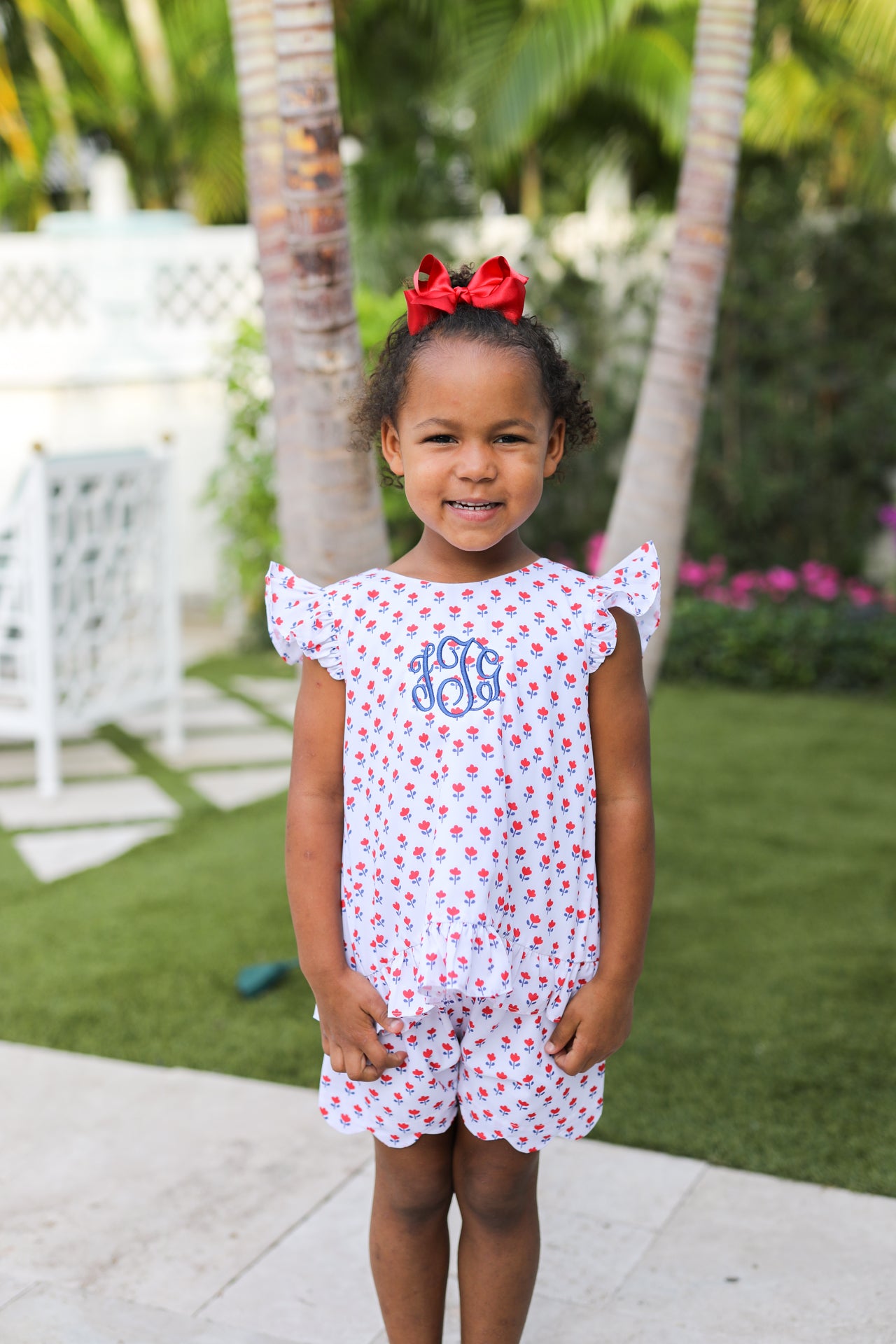 Red And Navy Flower Print Short Set