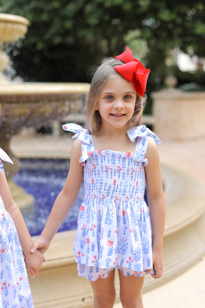 Blue And Red Floral Smocked Scalloped Short Set