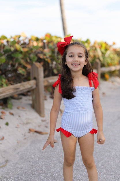 Blue And Red Stripe Smocked Lycra Swimsuit