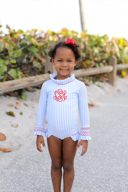 Blue Striped Smocked Lycra Rashguard Swimsuit