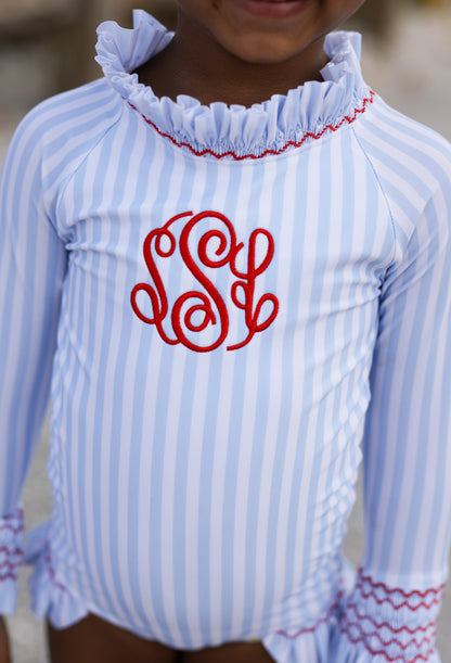 Blue Striped Smocked Lycra Rashguard Swimsuit