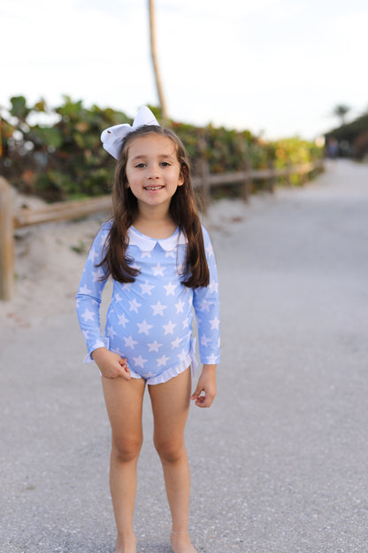 Blue And White Star Print Lycra Rashguard Swimsuit