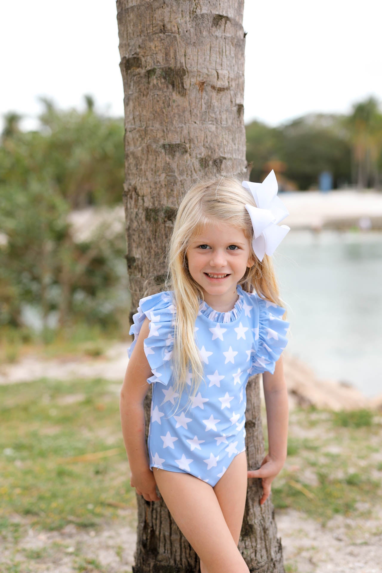 Blue And White Star Print Lycra Swimsuit