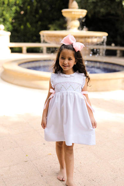 White Honeycomb Smocked Satin Bow Dress