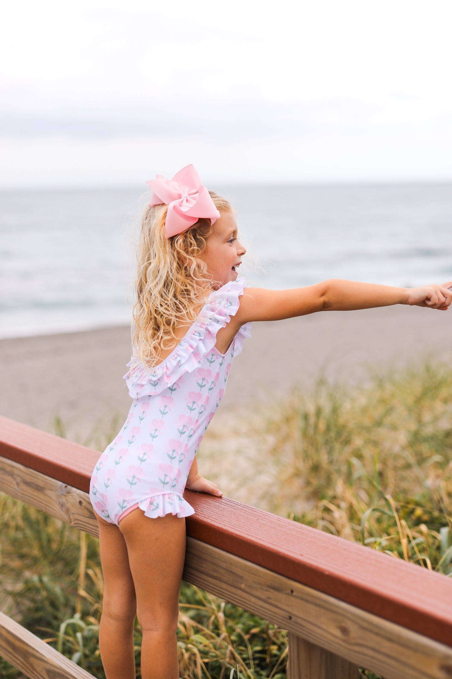 Pink And Green Flower Print Lycra Swimsuit