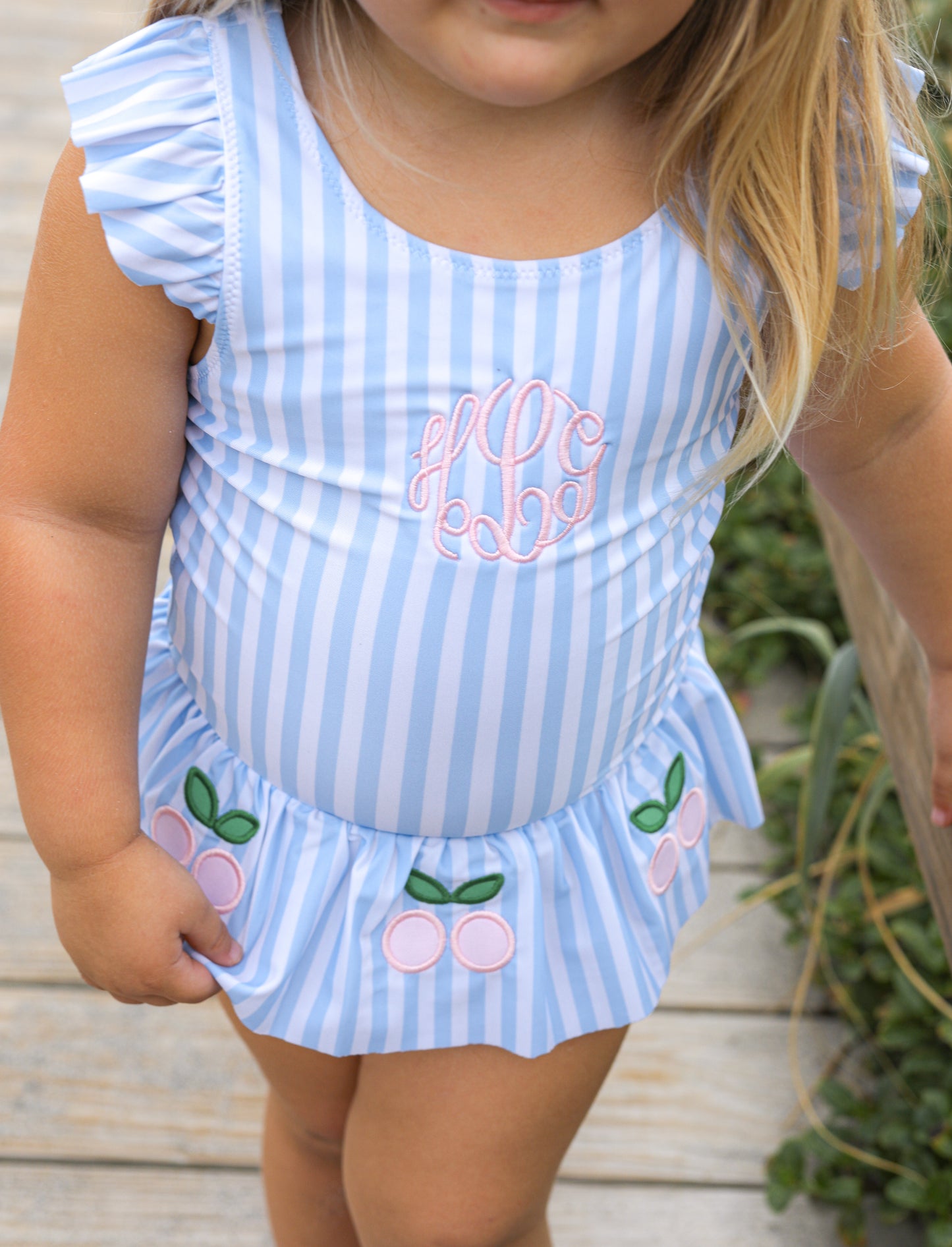 Blue Striped Applique Cherry Lycra Swimsuit