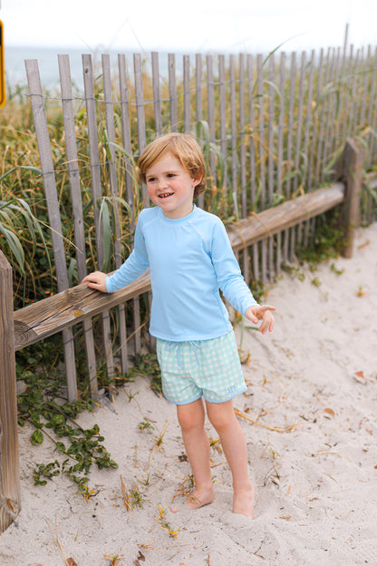 Blue And Mint Check Swim Trunks