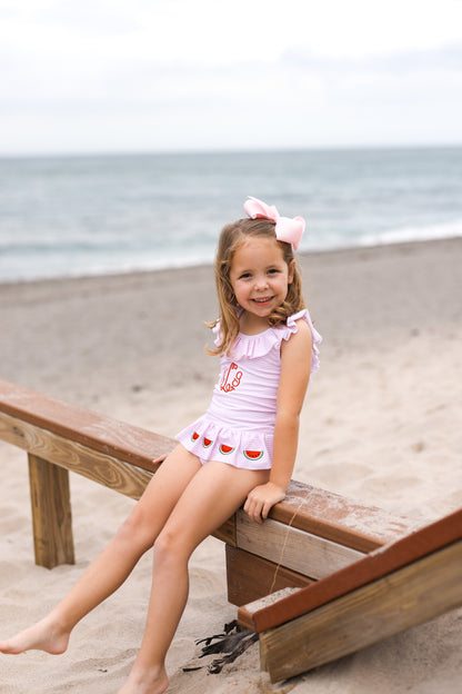 Pink Striped Applique Watermelon Lycra Swimsuit