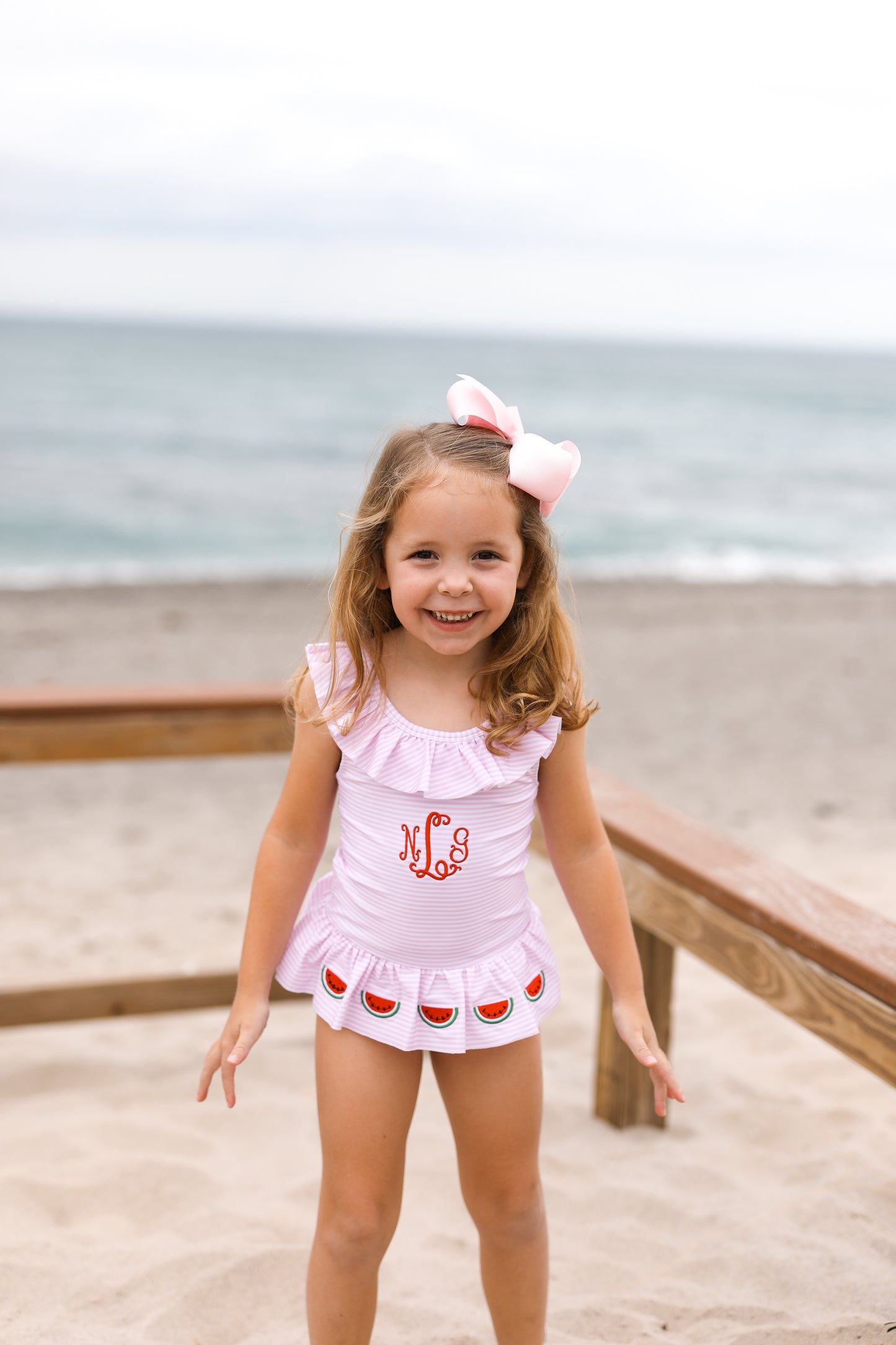 Pink Striped Applique Watermelon Lycra Swimsuit