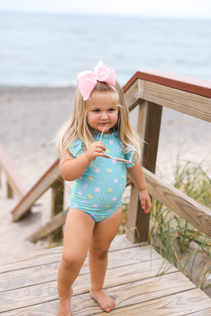 Green And Yellow Flower Print Lycra Swimsuit