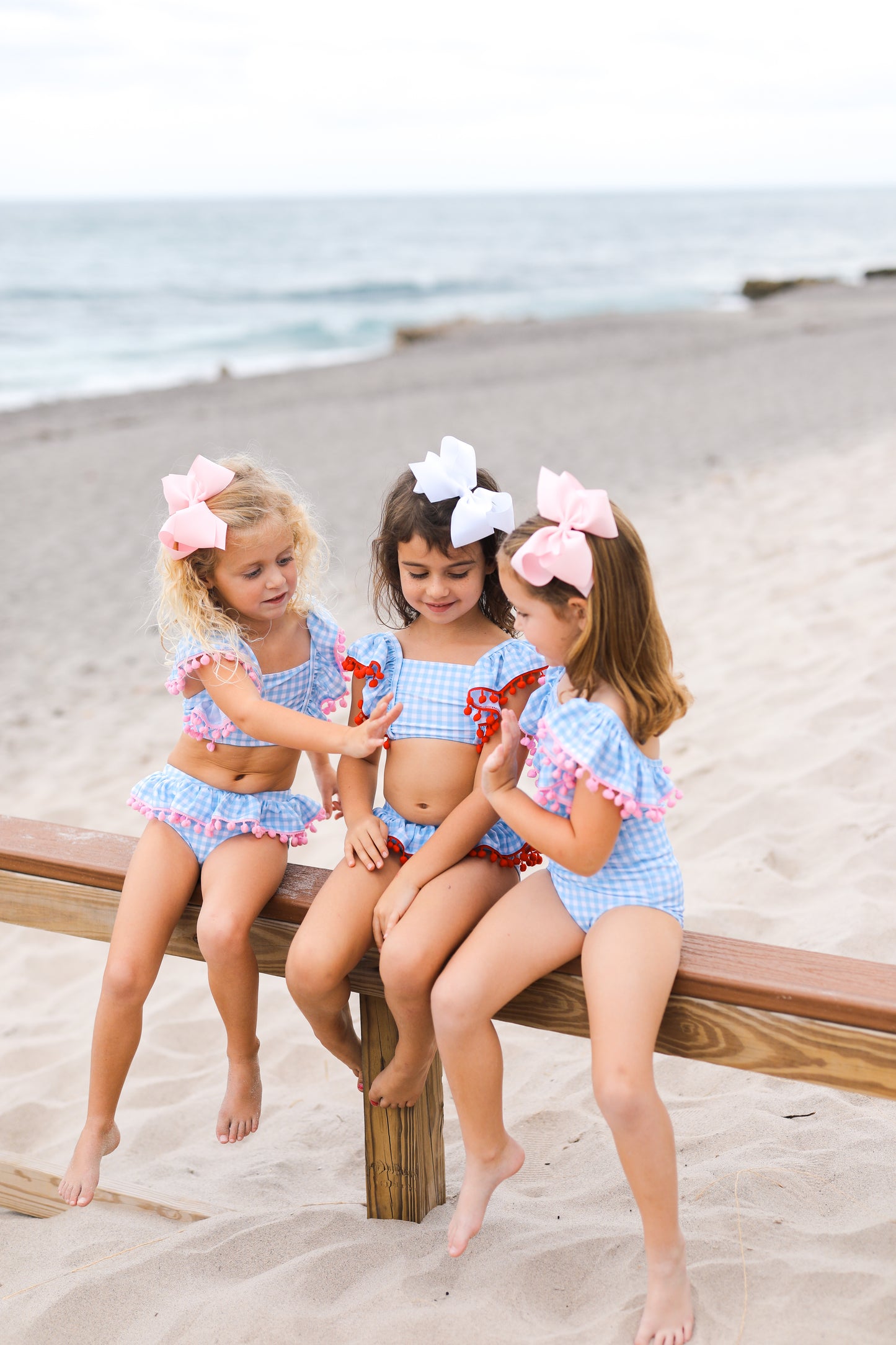 Blue Gingham Red Pom Pom Lycra Bikini