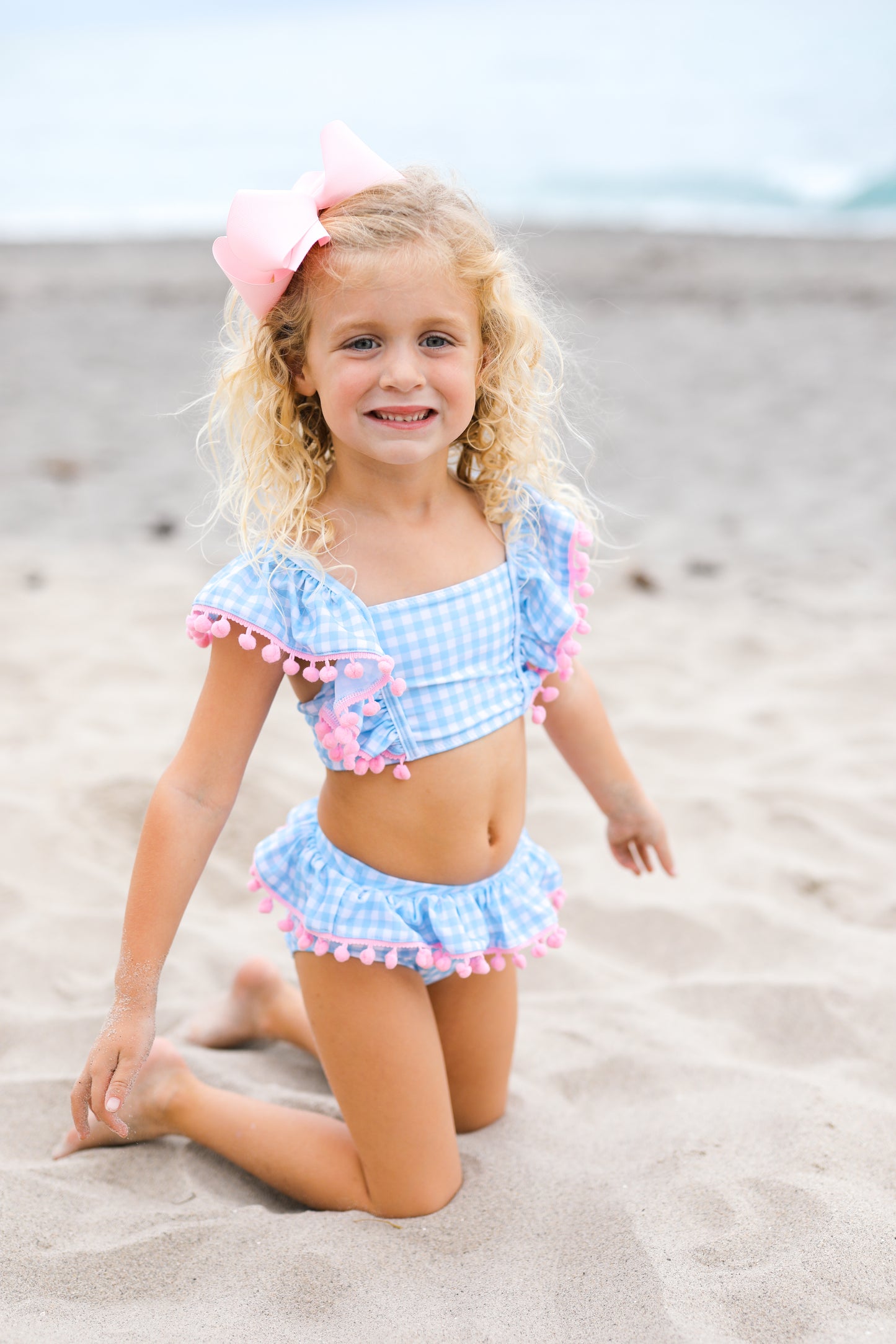 Blue Gingham Pink Pom Pom Lycra Bikini