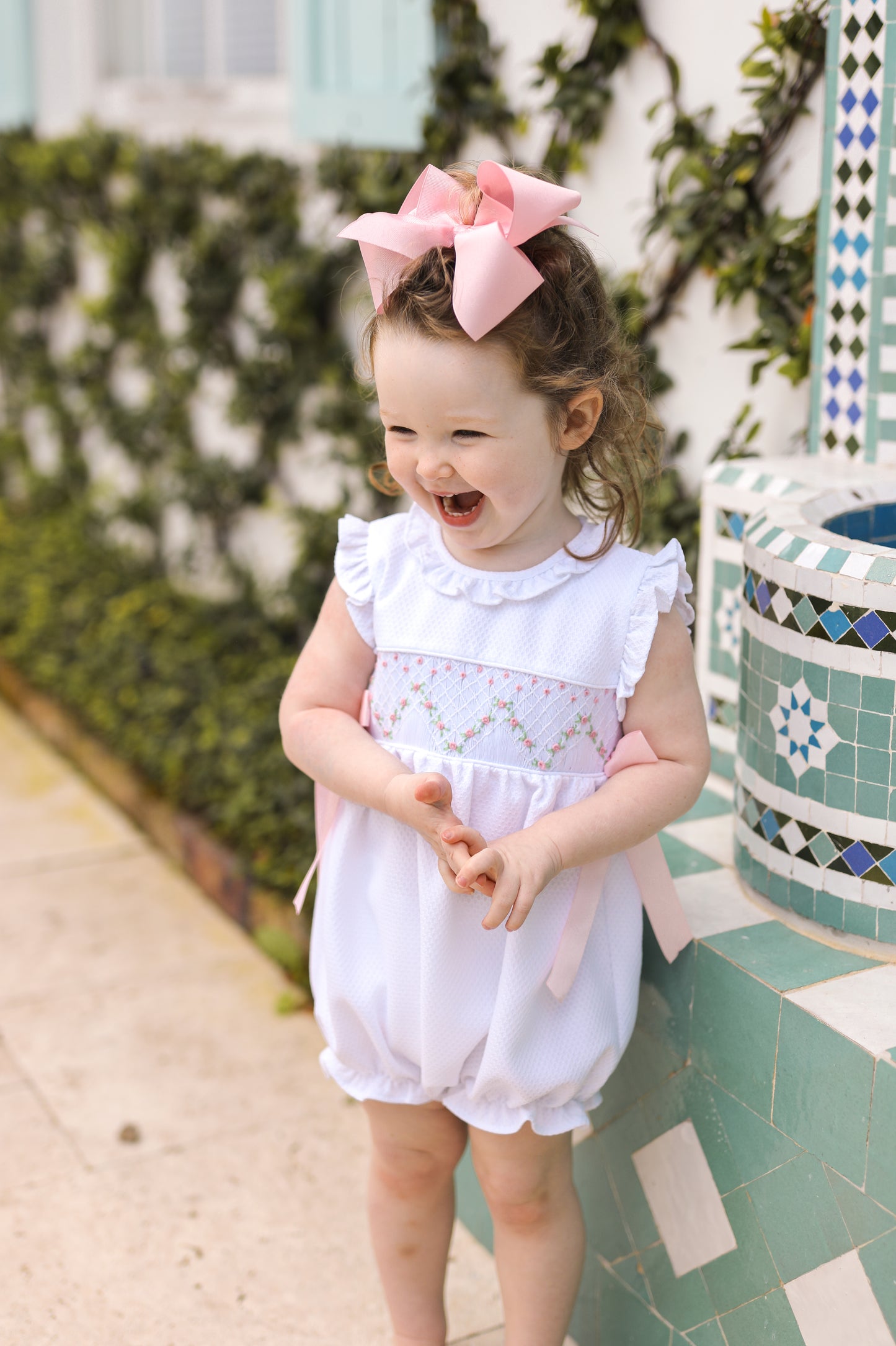 White Honeycomb Smocked Satin Bow Bubble