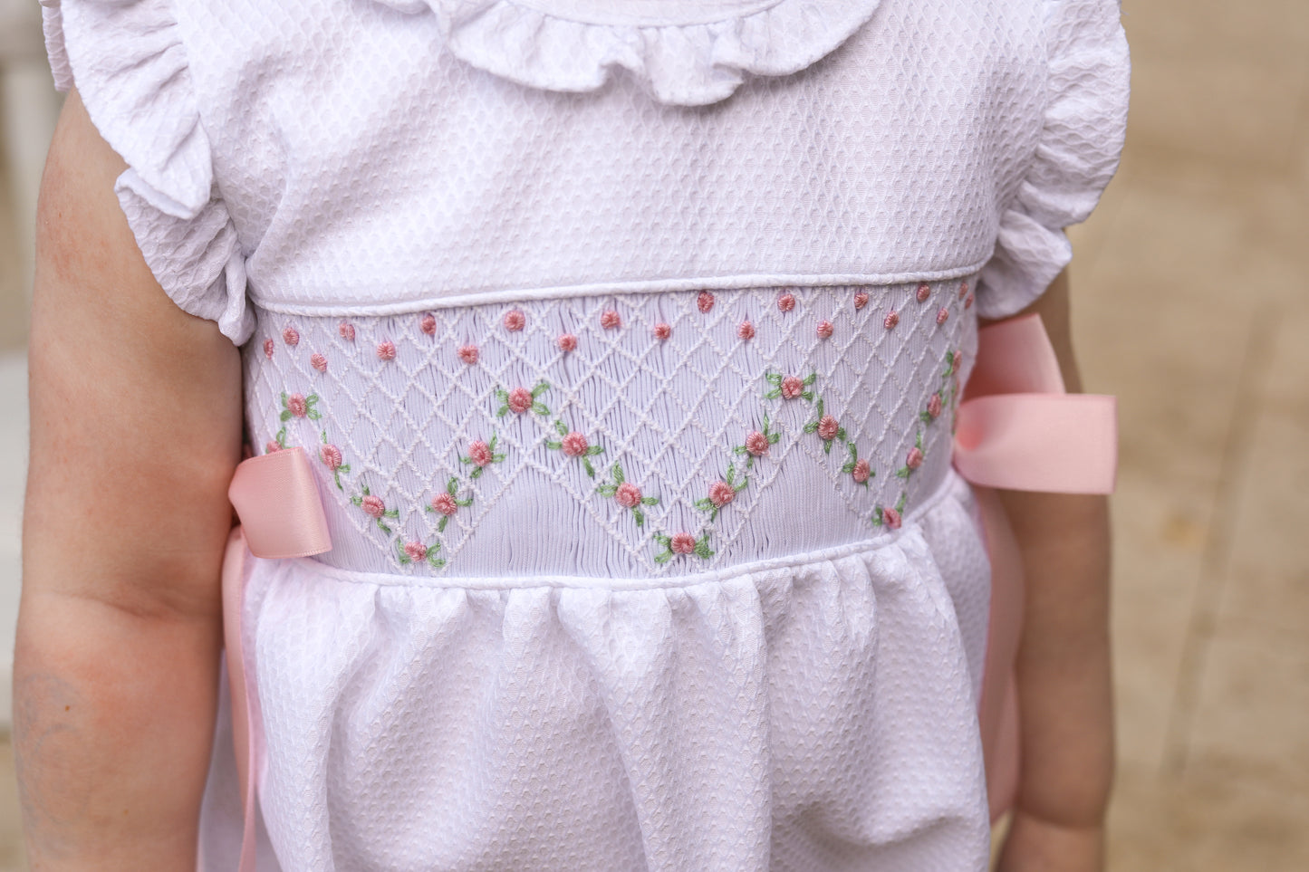 White Honeycomb Smocked Satin Bow Dress